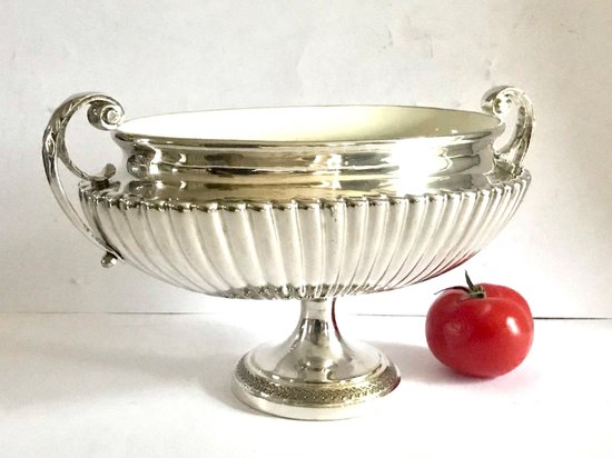 Centre de table coupe en faïence argenté et maillechort XXème