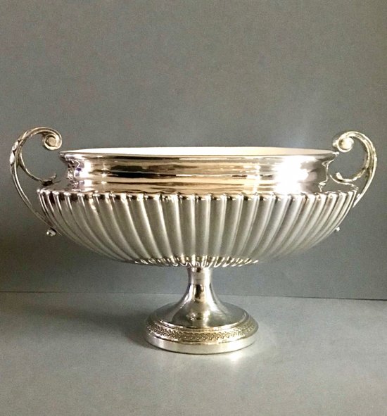 Centre de table coupe en faïence argenté et maillechort XXème