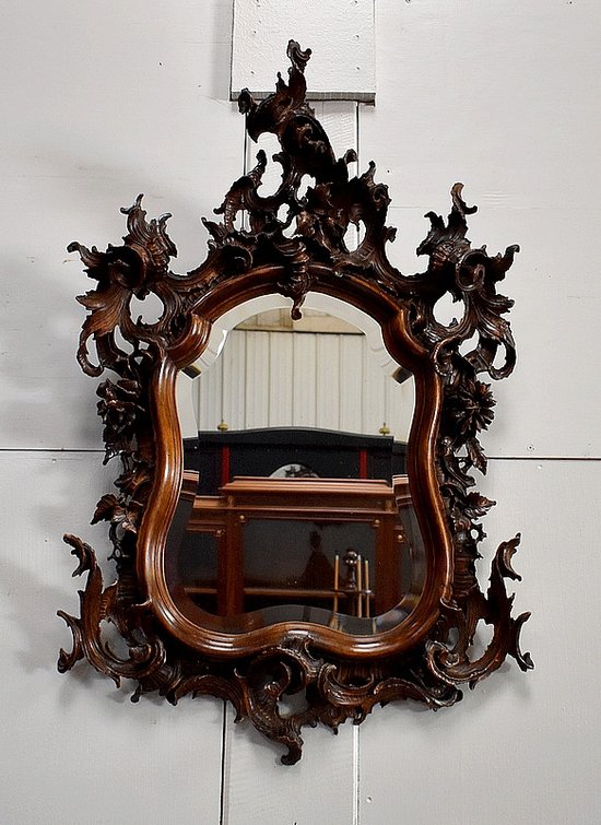 Solid walnut Rocaille mirror, Louis XV style - 1900