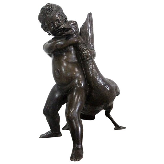 Bronzo di Putto che regge un'oca, di A. Collas - XIX secolo