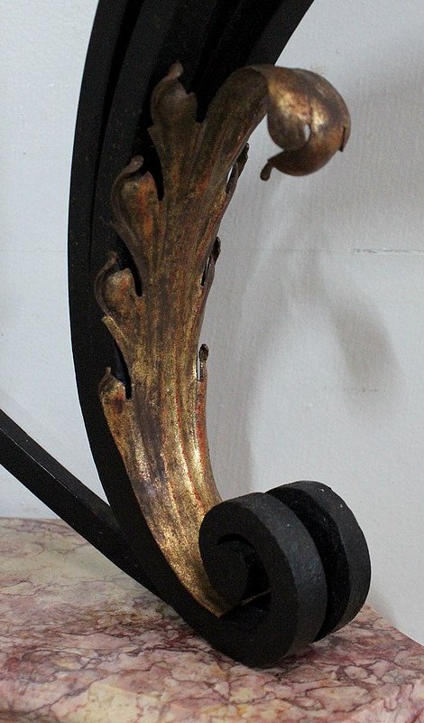 Consolle da parete in marmo e ferro battuto, spirito Rocaille – 1940 / 1950