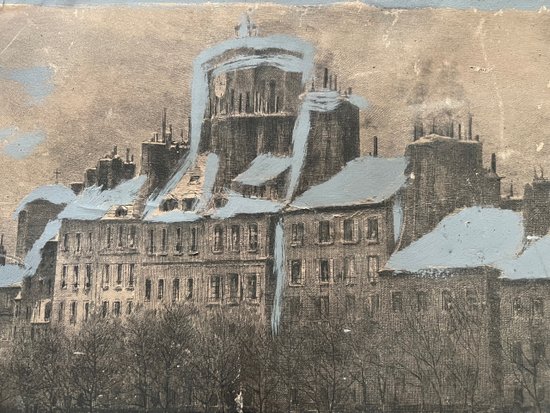 Large engraving painting The Louvre Paris seen from the banks of the Seine by Lucien Gauthier