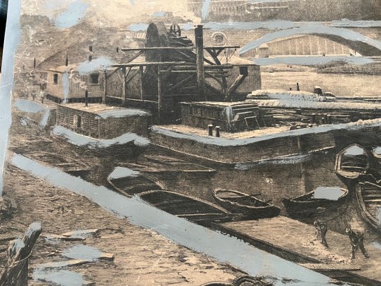 Large engraving painting The Louvre Paris seen from the banks of the Seine by Lucien Gauthier