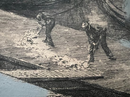 Large engraving painting The Louvre Paris seen from the banks of the Seine by Lucien Gauthier