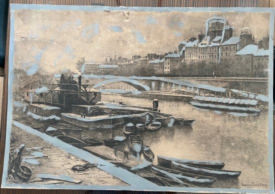 Large engraving painting The Louvre Paris seen from the banks of the Seine by Lucien Gauthier