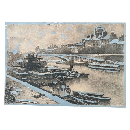 Large engraving painting The Louvre Paris seen from the banks of the Seine by Lucien Gauthier