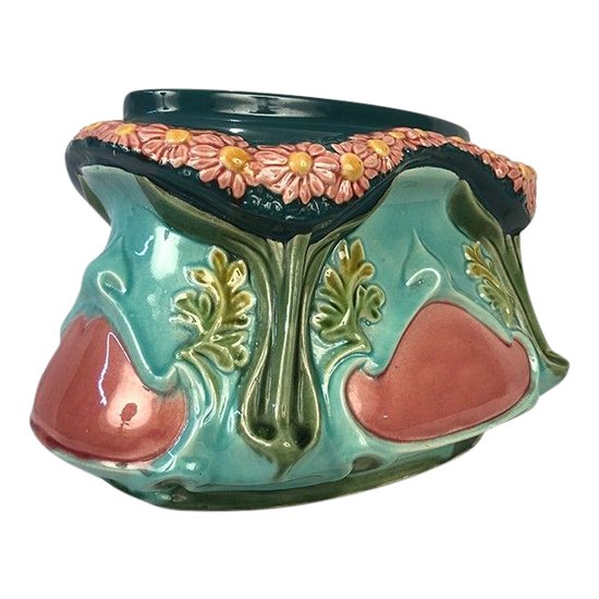 Planter in polychrome slip decorated with a garland of flowers