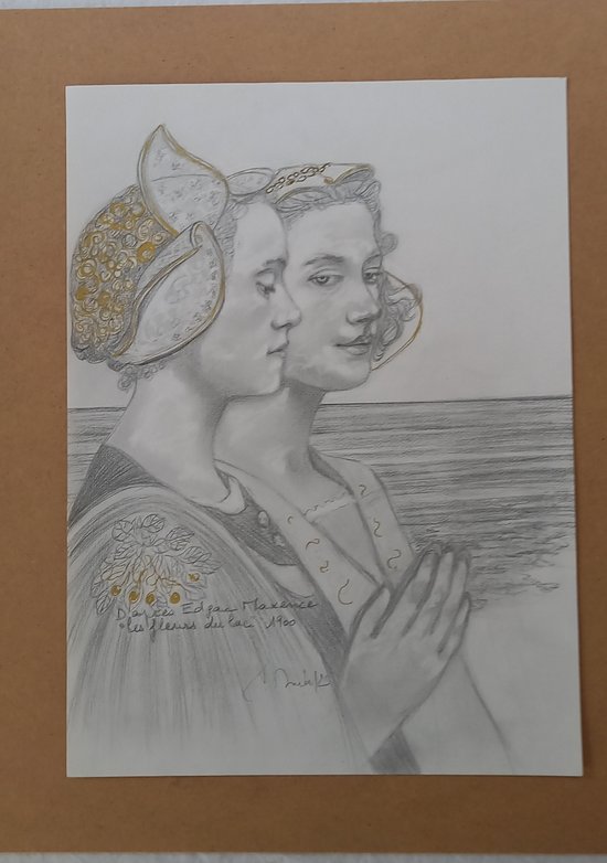 Graphite drawing after Edgar Maxence "The flowers of the lake"