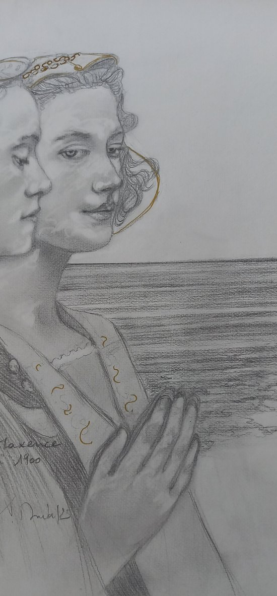 Graphite drawing after Edgar Maxence "The flowers of the lake"