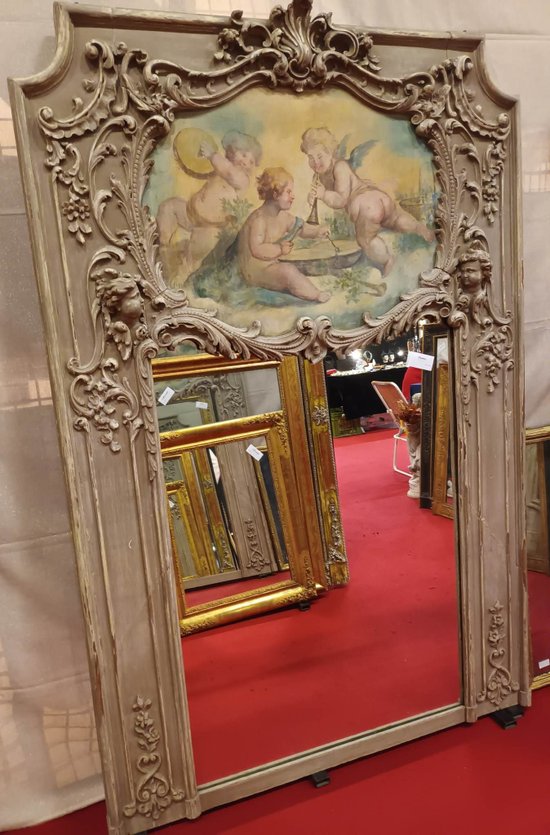 18th Century Trumeau, Louis XV, Oak Carved With Winged Angels And Canvas With Cherubs 118 X 178 Cm