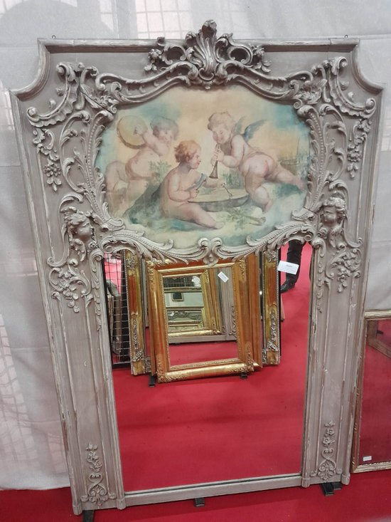 18th Century Trumeau, Louis XV, Oak Carved With Winged Angels And Canvas With Cherubs 118 X 178 Cm