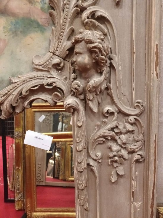 18th Century Trumeau, Louis XV, Oak Carved With Winged Angels And Canvas With Cherubs 118 X 178 Cm