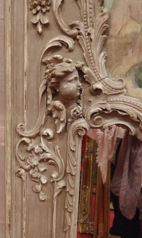 18th Century Trumeau, Louis XV, Oak Carved With Winged Angels And Canvas With Cherubs 118 X 178 Cm