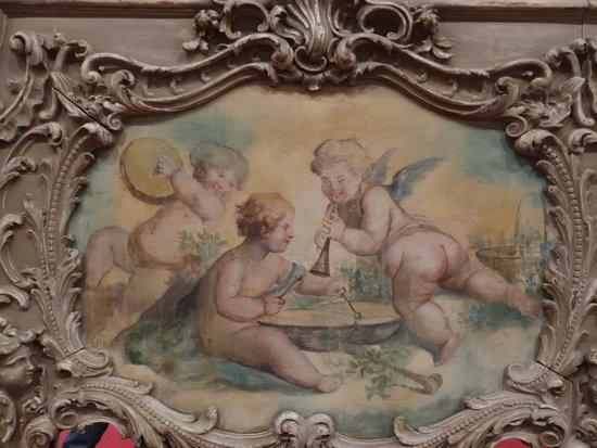 18th Century Trumeau, Louis XV, Oak Carved With Winged Angels And Canvas With Cherubs 118 X 178 Cm