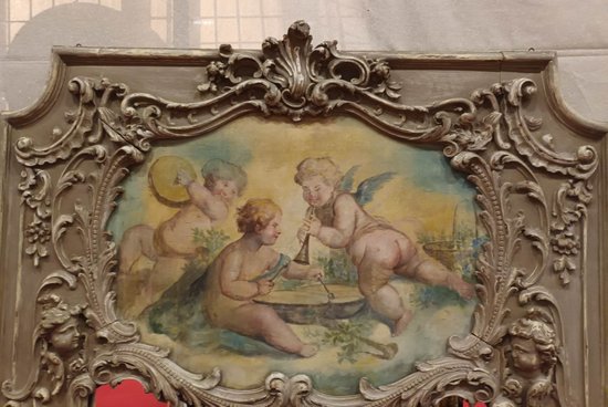 18th Century Trumeau, Louis XV, Oak Carved With Winged Angels And Canvas With Cherubs 118 X 178 Cm