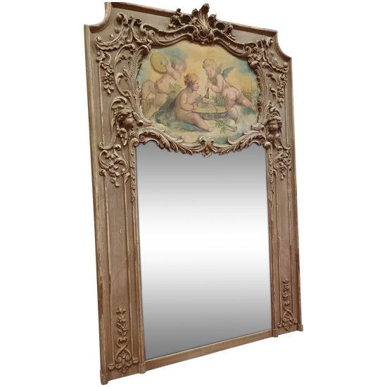 18th Century Trumeau, Louis XV, Oak Carved With Winged Angels And Canvas With Cherubs 118 X 178 Cm