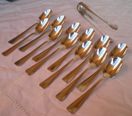 12 teaspoons + matching sugar tongs in silver Orfèvre Perrin