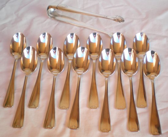 12 teaspoons + matching sugar tongs in silver Orfèvre Perrin