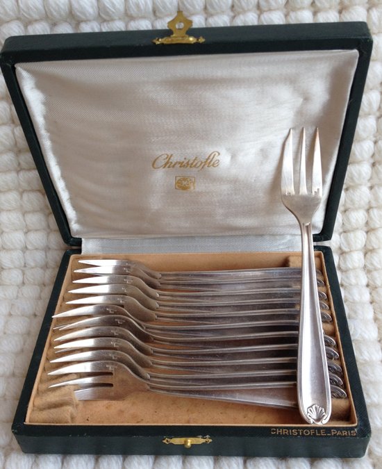 Christofle box including 12 cake forks in silver metal Bérain model year '50