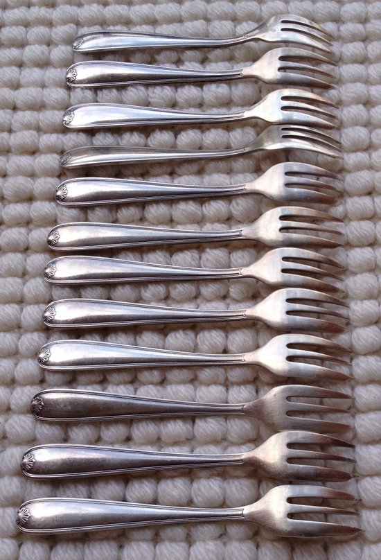 Christofle box including 12 cake forks in silver metal Bérain model year '50