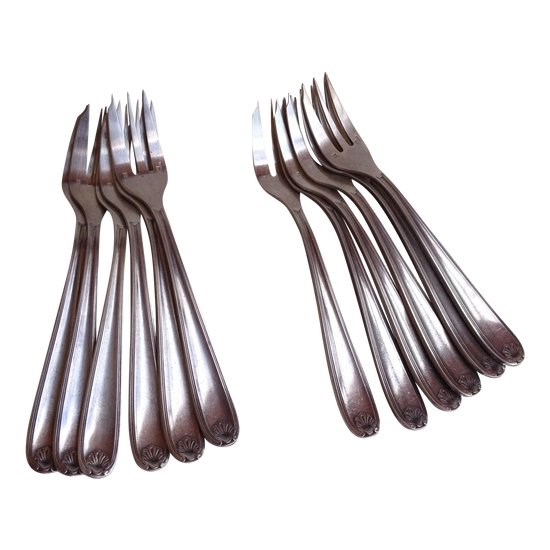 Christofle box including 12 cake forks in silver metal Bérain model year '50