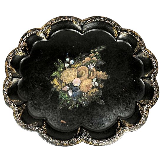 Large Napoleon III tray in boiled cardboard with mother-of-pearl burgundy