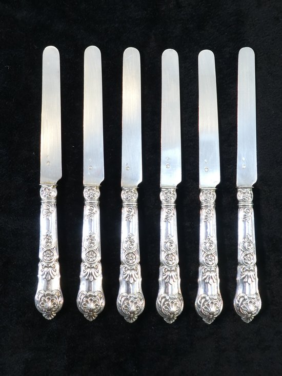 6 dessert knives blade and handle in SOLID SILVER