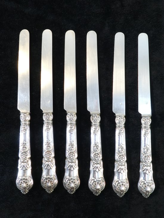 6 dessert knives blade and handle in SOLID SILVER