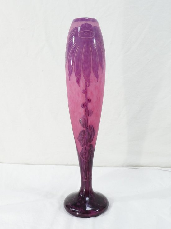  Large ART DECO Vase with DAHLIAS signed LE VERRE FRANCAIS /SCHNEIDER