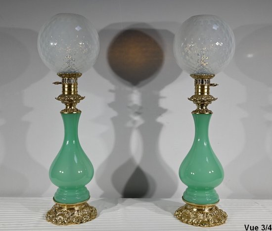 Paire de Lampes en Opaline et Bronze – Fin XIXe
