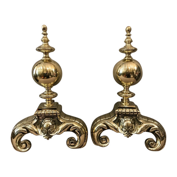 Pair of important polished brass andirons from the 19th century Dutch model