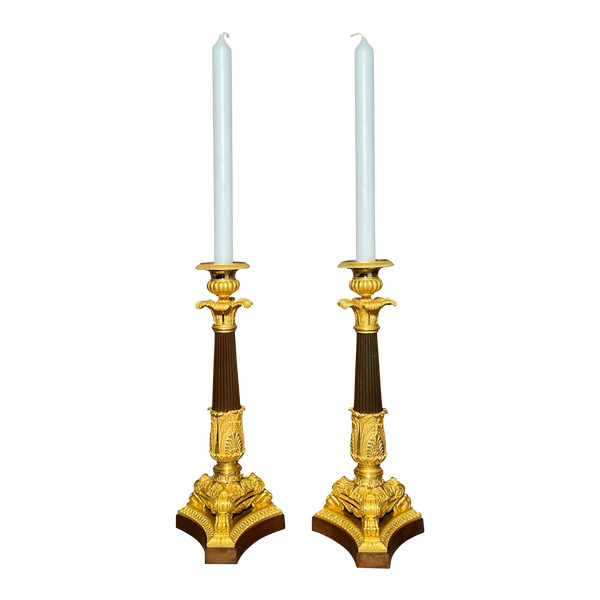 Pair Of Empire Candlesticks / Torches Early 19th Century In Patinated Bronze And Gilt Bronze