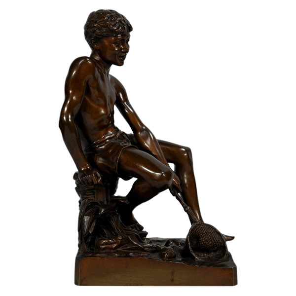 Bronzo "L'Enfant à l'Epuisette", firmato R.Guillaume - Inizio del XX secolo
