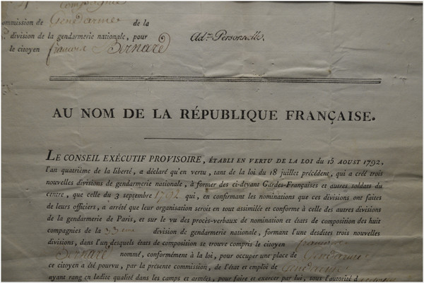  French Revolution, Document of the Provisional Executive Council of Paris and dated January 9, 1793 concerning the appointment as Gendarme of citizen Bernard by Colonel Louvel