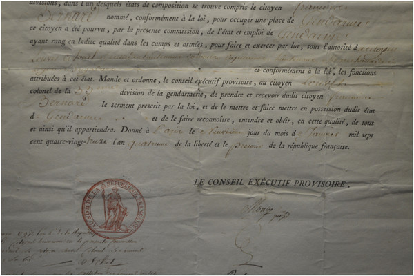  French Revolution, Document of the Provisional Executive Council of Paris and dated January 9, 1793 concerning the appointment as Gendarme of citizen Bernard by Colonel Louvel