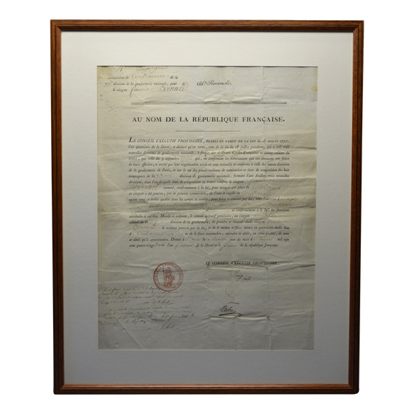  French Revolution, Document of the Provisional Executive Council of Paris and dated January 9, 1793 concerning the appointment as Gendarme of citizen Bernard by Colonel Louvel