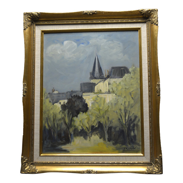 École française, Seconde moitié du XXème siècle, Vue d'un village de Bourgogne, Huile sur panneau signé KORDÉ