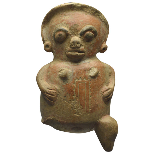 Costa Rica, 1000 – 1500 ap J. –C., Culture Guanacaste Stauette anthropomorphe représentant une femme reposant à l’origine sur trois pieds