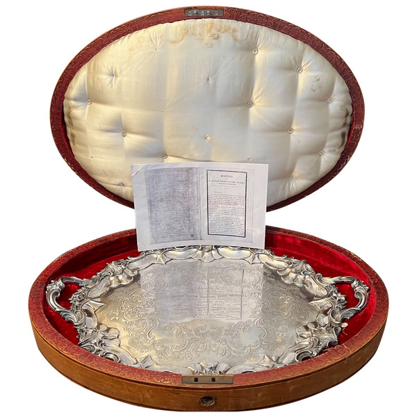 Exceptional commemorative silver tray 19th century England