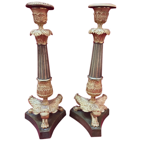 Pair Of Candlesticks Gilded Bronze Restoration Period XIX Eme