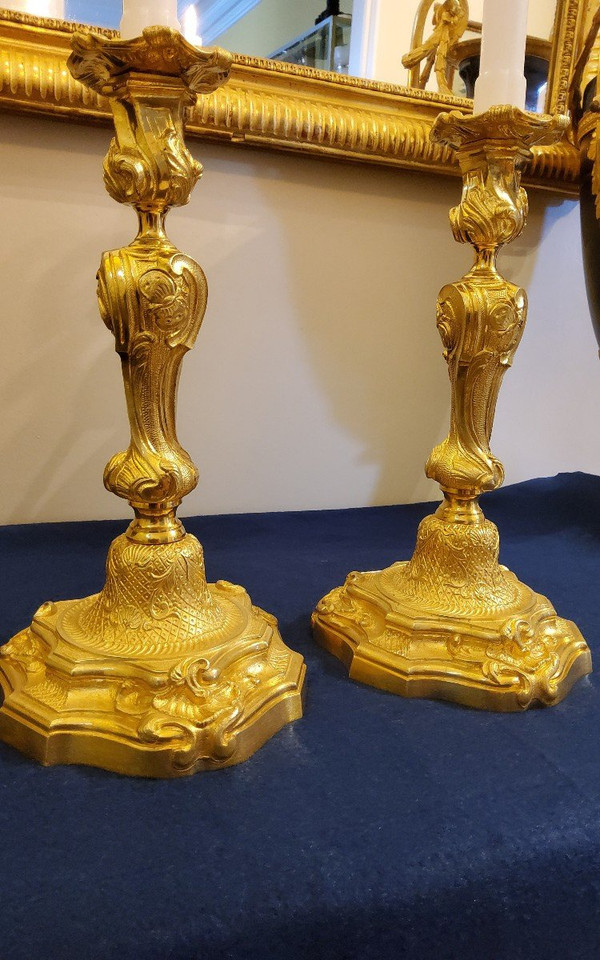Pair Of Candlesticks In Gilded Bronzes Style Louis XV Rocaille With "butterflies" XIXth century