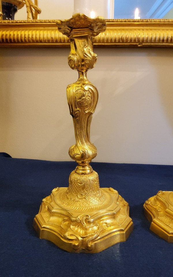 Pair Of Candlesticks In Gilded Bronzes Style Louis XV Rocaille With "butterflies" XIXth century