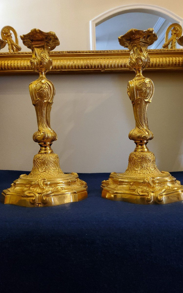 Pair Of Candlesticks In Gilded Bronzes Style Louis XV Rocaille With "butterflies" XIXth century