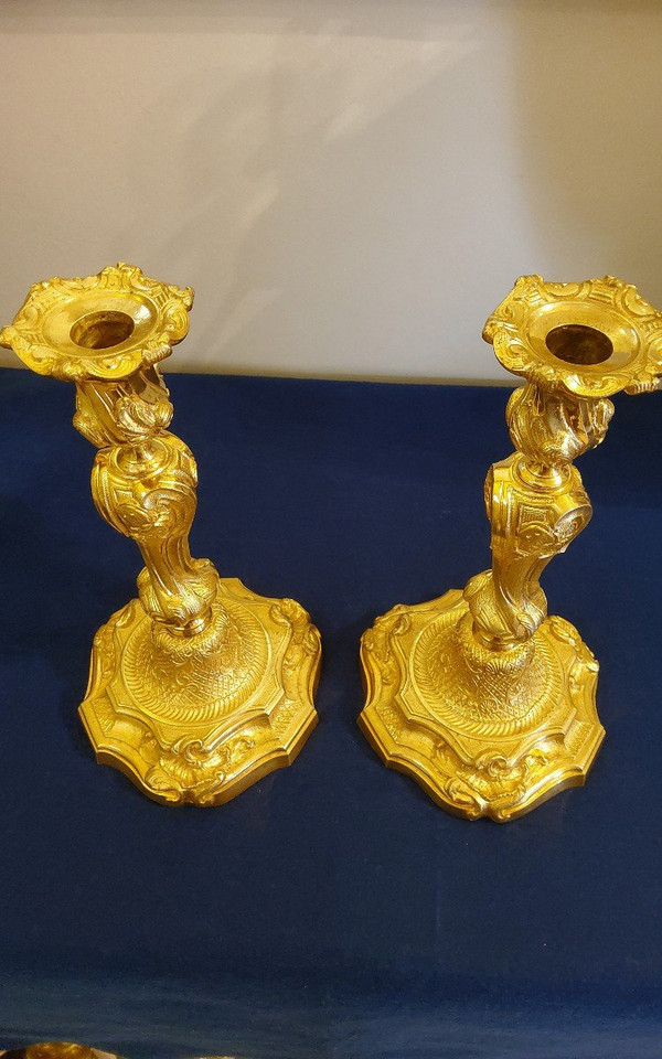 Pair Of Candlesticks In Gilded Bronzes Style Louis XV Rocaille With "butterflies" XIXth century