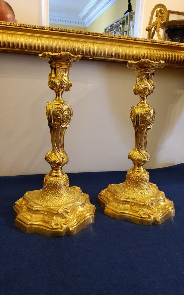 Pair Of Candlesticks In Gilded Bronzes Style Louis XV Rocaille With "butterflies" XIXth century