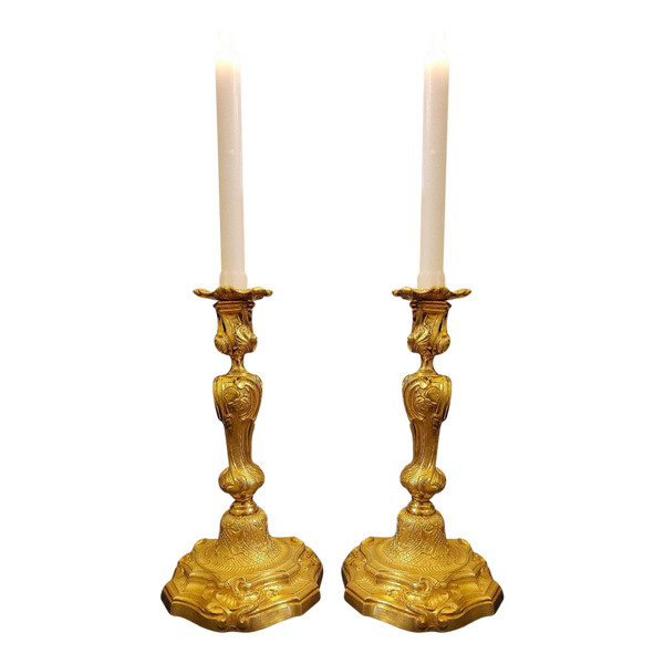 Pair Of Candlesticks In Gilded Bronzes Style Louis XV Rocaille With "butterflies" XIXth century