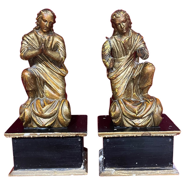 Pair Of Angels In Golden Wood End XVIIIth Religious Art