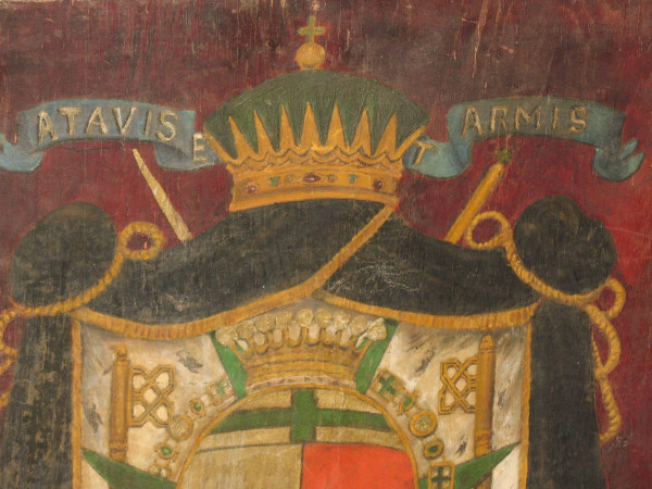 Blason peint sur panneau armoiries avec devise héraldique Ordre de Saint Lazare époque 19ème