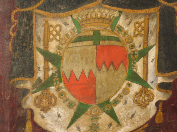 Blason peint sur panneau armoiries avec devise héraldique Ordre de Saint Lazare époque 19ème