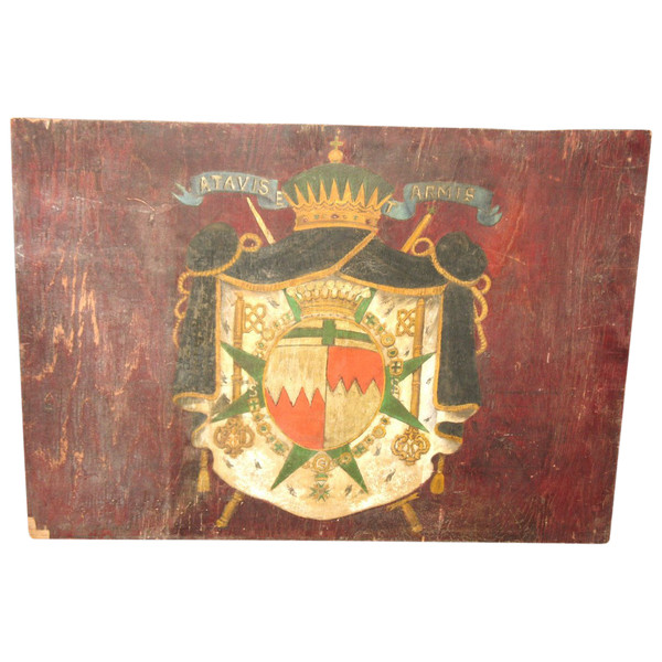 Blason peint sur panneau armoiries avec devise héraldique Ordre de Saint Lazare époque 19ème
